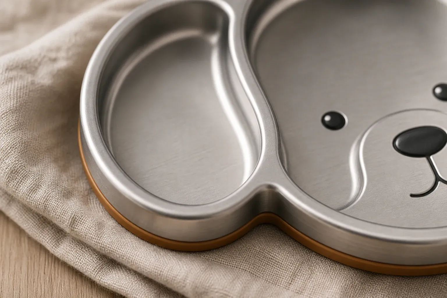 Raking light reveals the brushed grain, rounded rim and caramel base of the beagle plate.