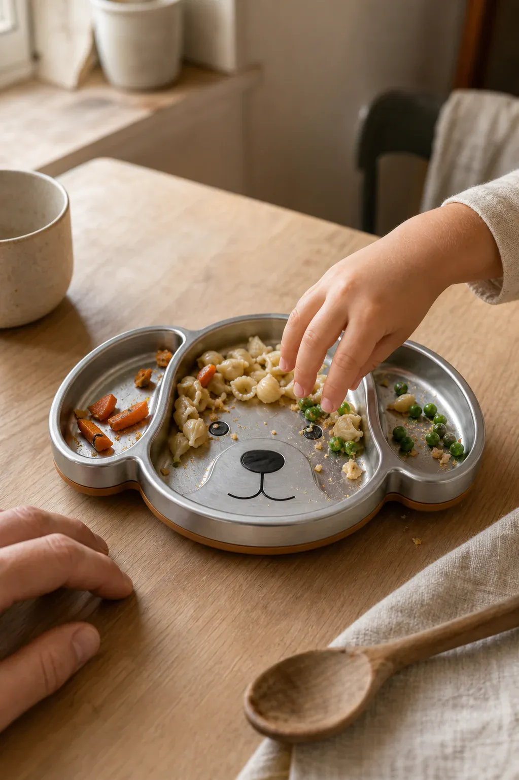 A child reaches into the beagle-shaped steel plate during a relaxed family supper.