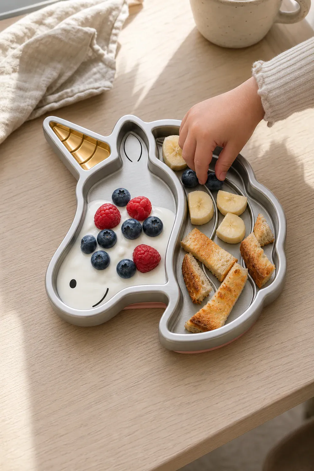 A toddler chooses berries from the unicorn plate in morning light.
